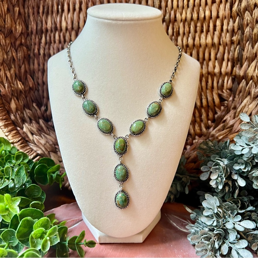 925 Sterling Silver Green Kingman Turquoise Lariat Necklace w/ Matrix